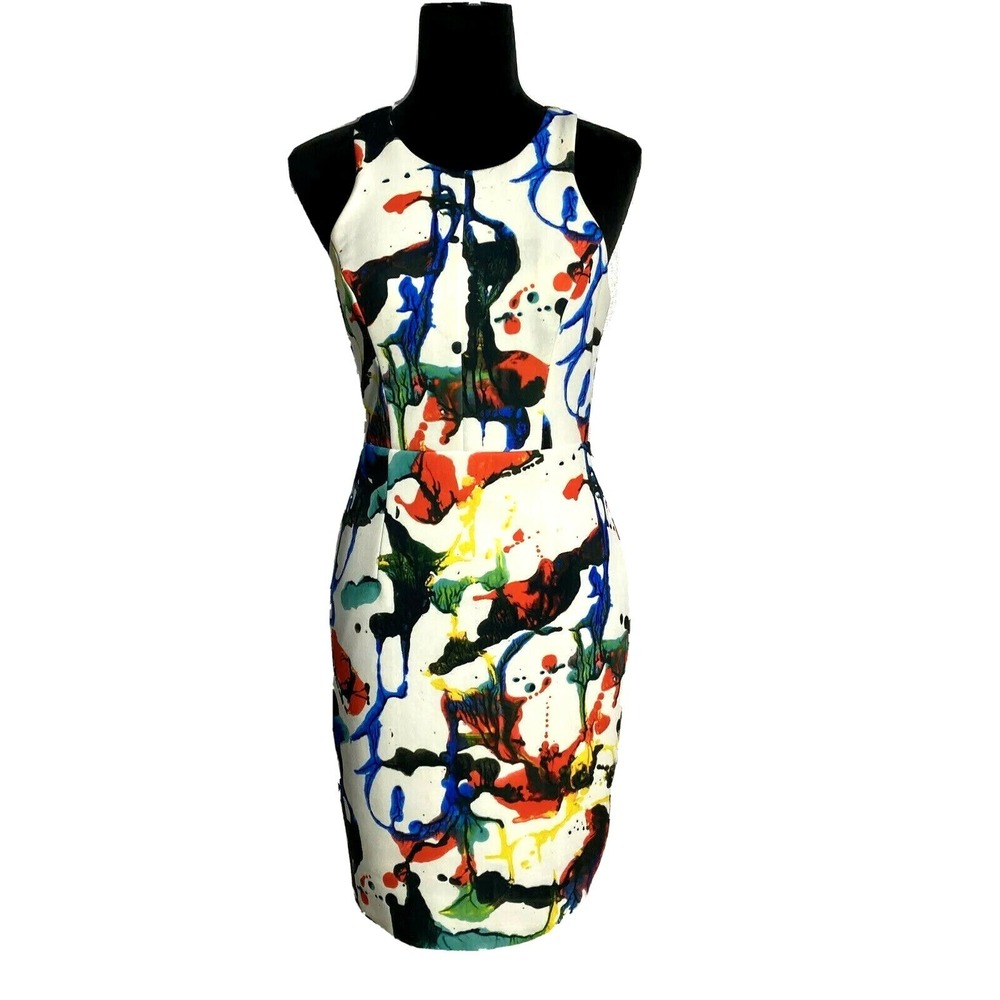 MILLY Dress 4 White Bold Color Paint Pour Sexy Stretch Lined Sheath Small